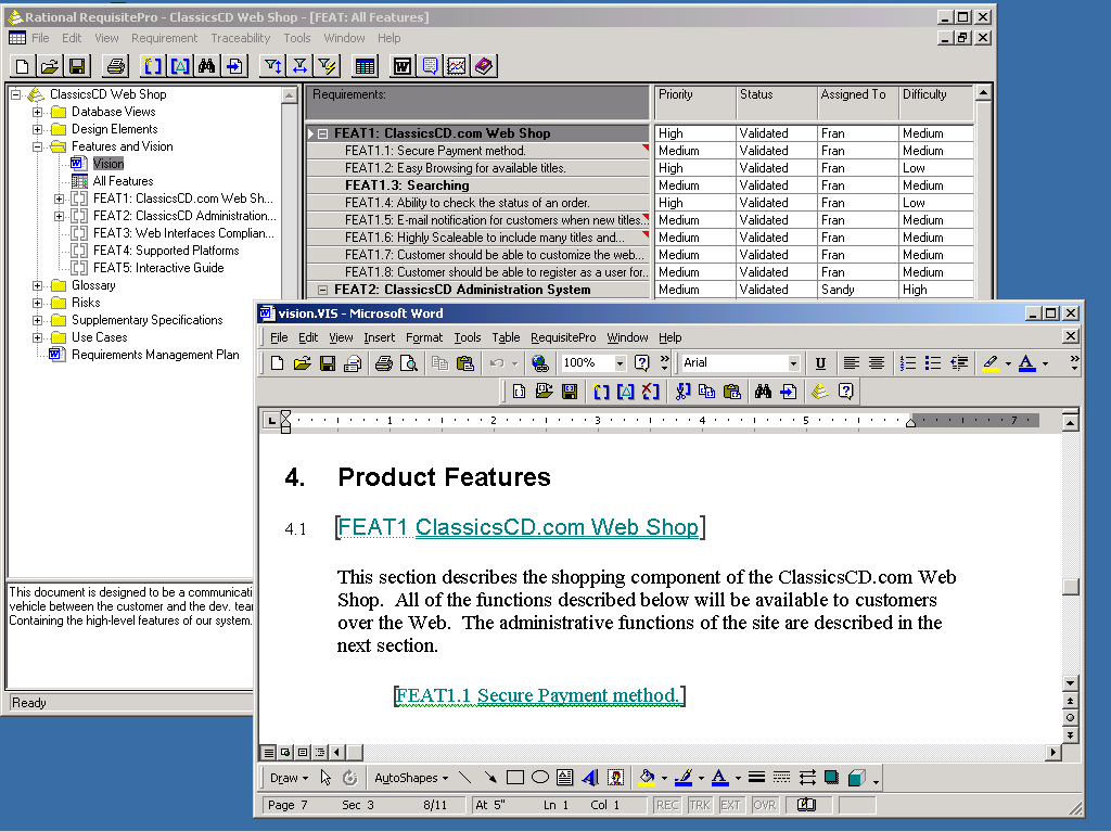 图3 Rational RequisitePro--需求数据库与 Microsoft Word 的紧密集成