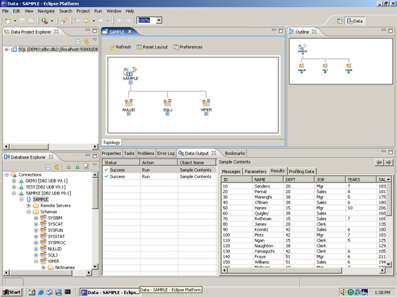 显示多个视图的 DB2 Developer Workbench 布局