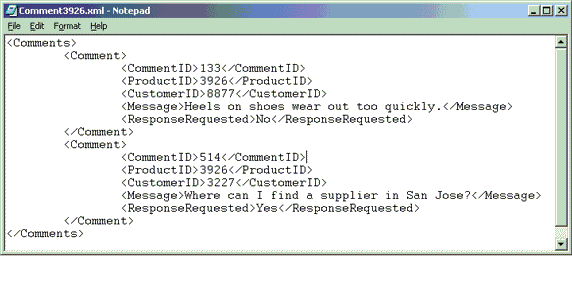 存储在 "items" 表 "comments" 列的示例 XML 文档