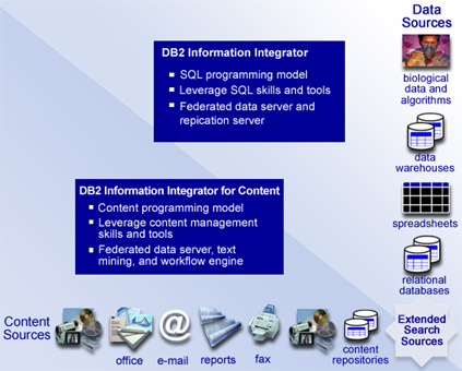 图 1. DB2</a> Information Integrator 产品提供了对各种不同的分布式和实时数据的集成访问，就象数据是来自单个数据源那样