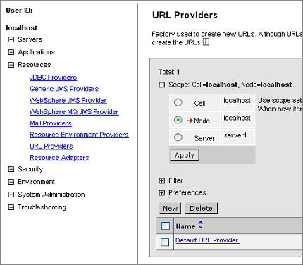 图1：Application Server 管理页，显示 URL  提供程序