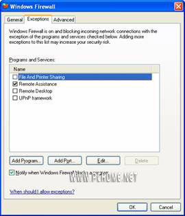 Exceptions tab default settings